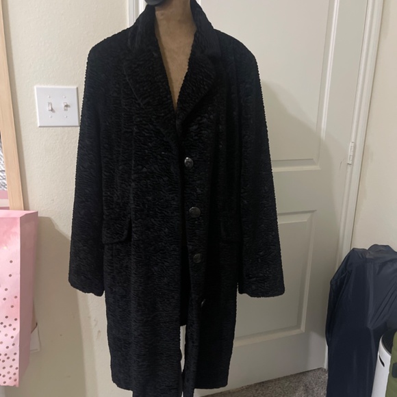 XL East 5th Ave Knee Length Black Faux fur Chenille Textured Swing Car Coat - Picture 2 of 4